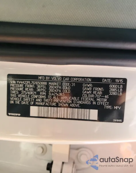 2016 Volvo Xc90 T6 из США, поврежденный, VIN YV4A22PL7G1050888